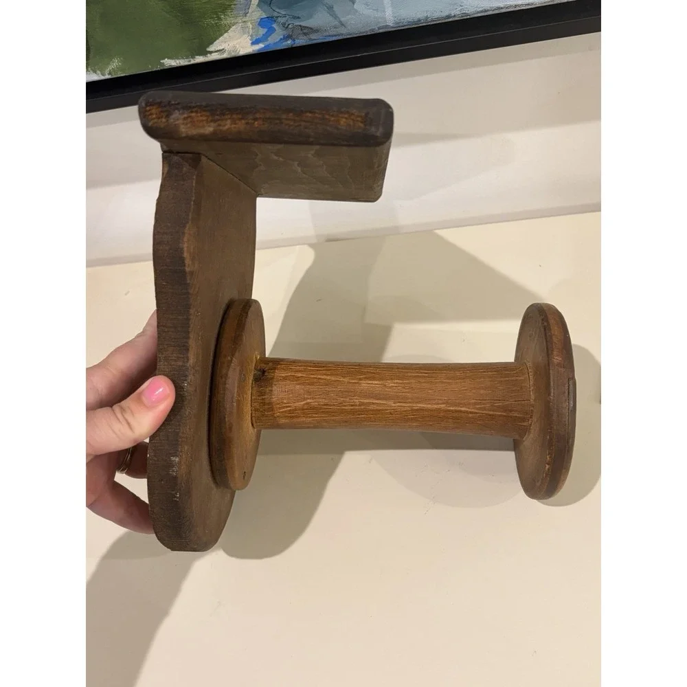 Vintage Primitive Wooden Spool Holder Wall Mount Rustic Farmhouse Twine String